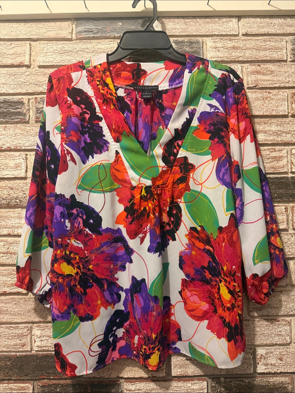 Grace Elements Bold Floral V-Neck Blouse - Red, Purple, Green